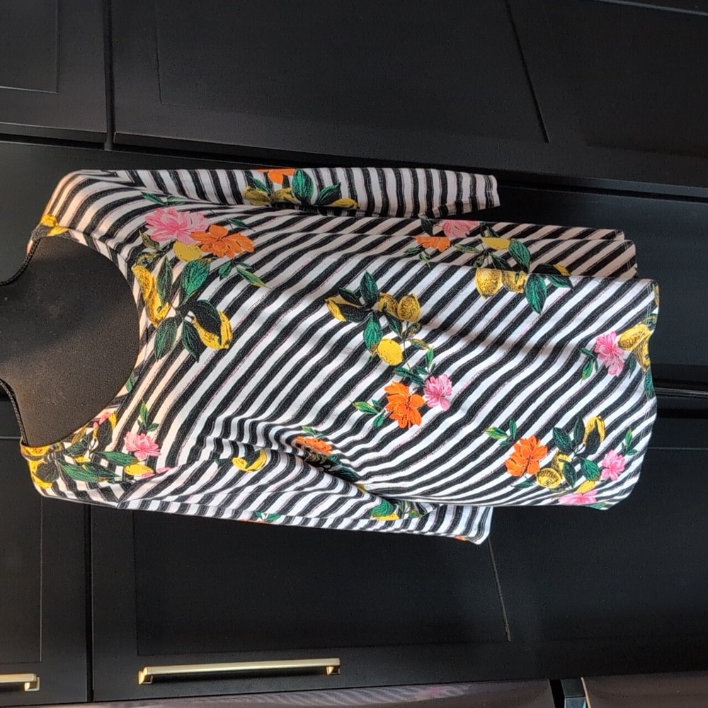 Investments Essentials BohoTop Oversized Lemons & Florals Striped Casual Comfort